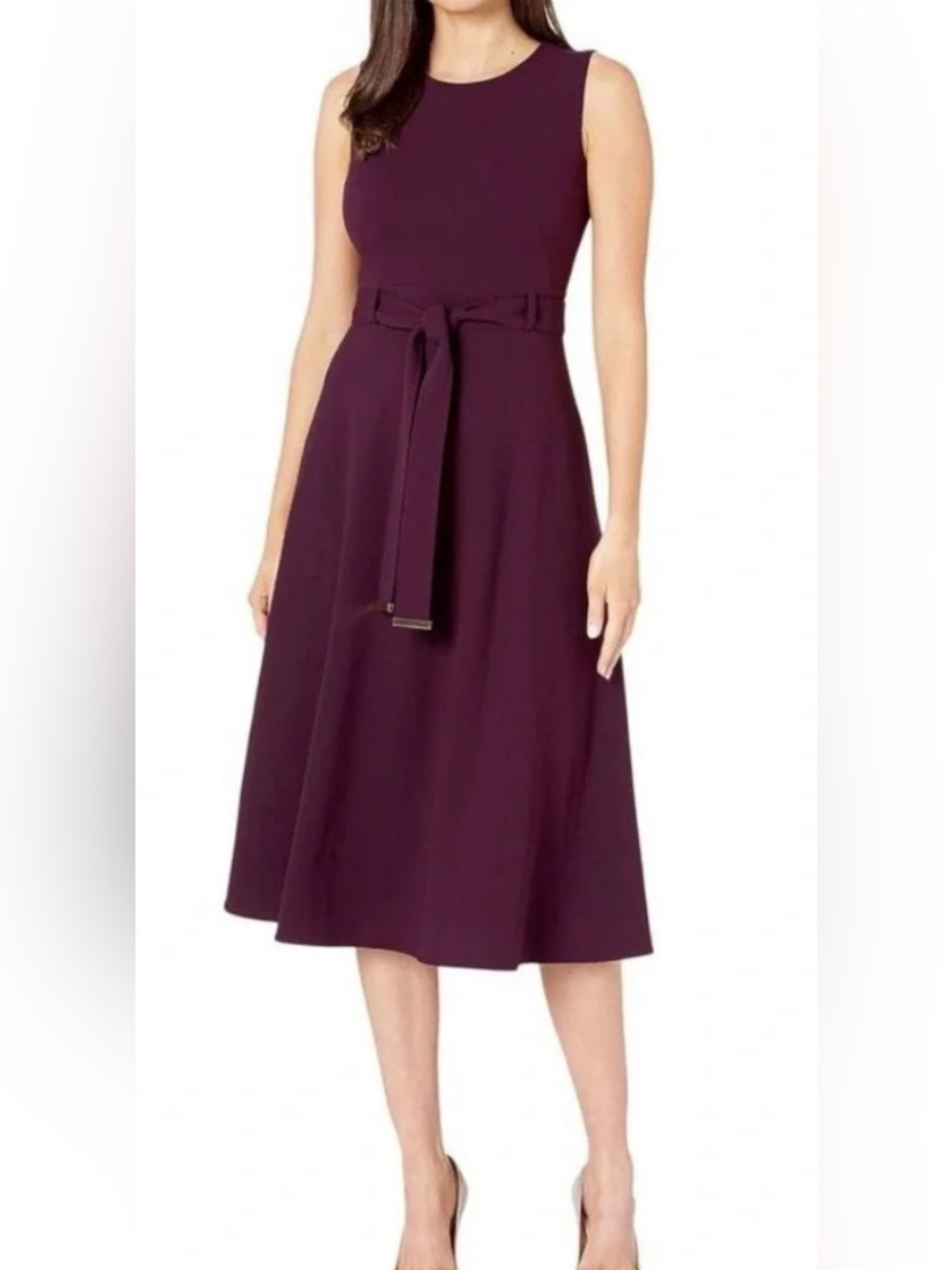 Calvin Klein Sleeveless Burgundy Midi Dress with Waist Tie